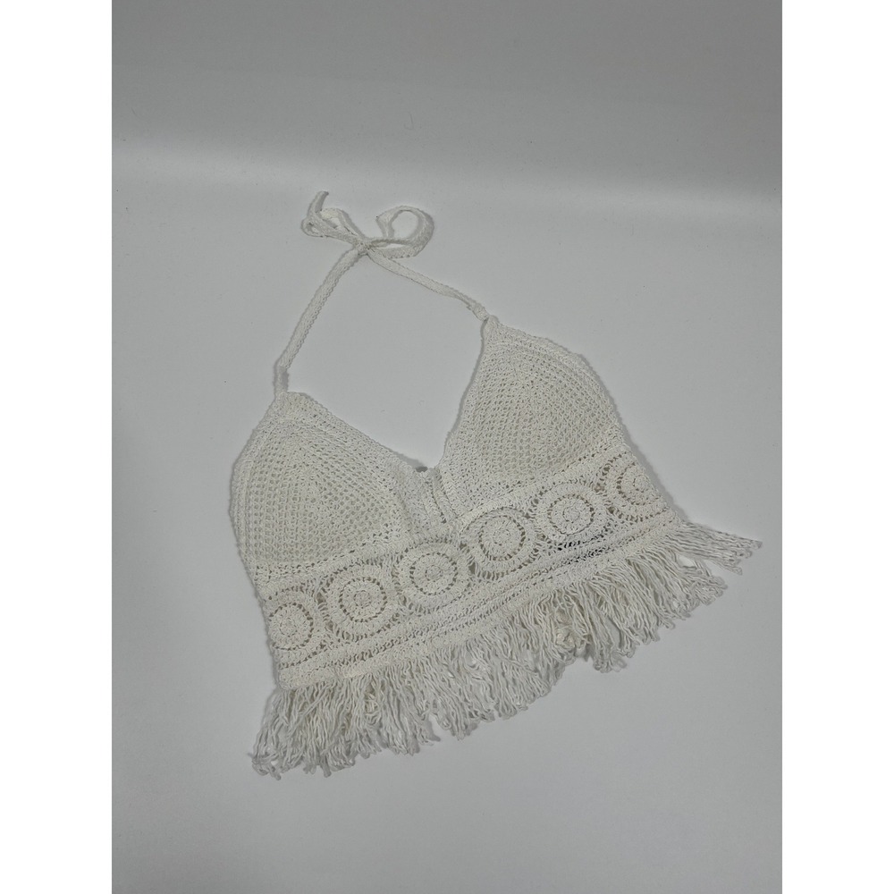 Womens Crochet Crop Top ONE SIZE White Boho Chic Western Rodeo Fringe Festival